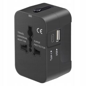 Uniwersalny adapter podróżny, z portami Usb-c i USB-A,czarny